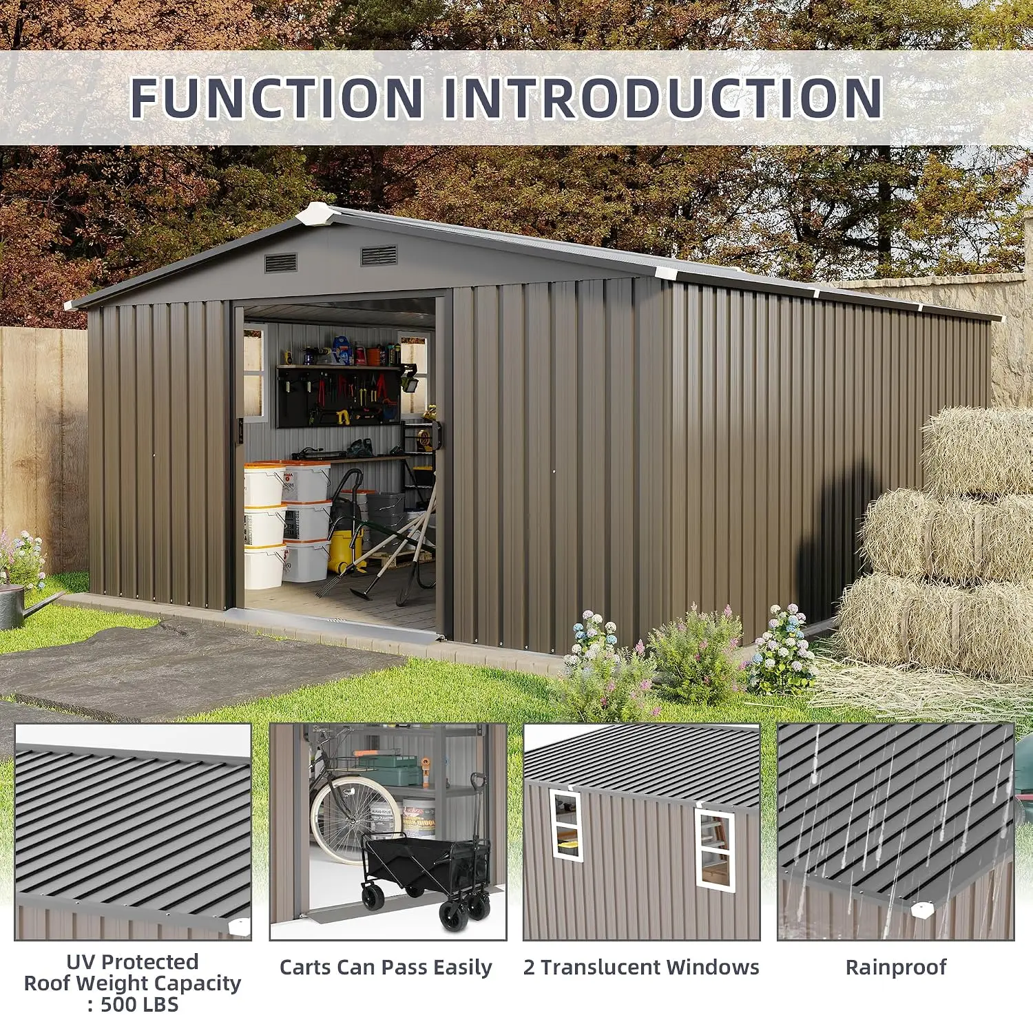 10x12 FT Outdoor Storage Shed, Large Metal Garden Shed with 2 Windows, Outside Tool Sheds with Lockable Sliding Doors,, Custom view 5