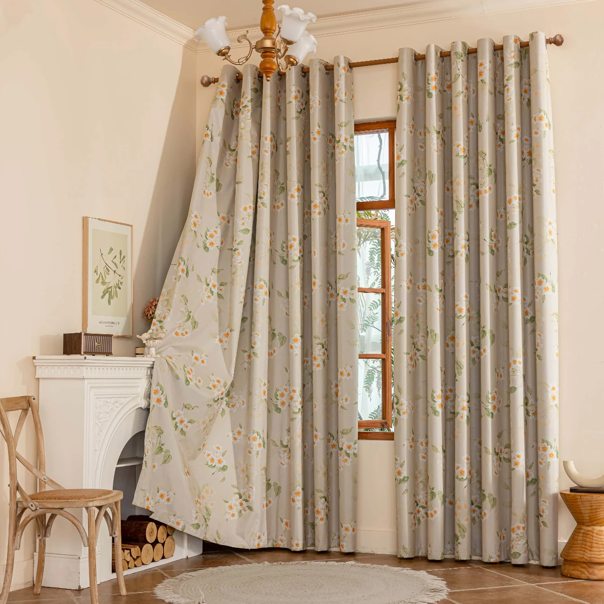 1 Piece of New Laminated Beige Background Curtain with Small Floral Print, 100% Blackout Fabric for Home Use, Blackout and Heat-Insulating Thickened Curtain, Decorative Rod-Pole Curtains for Living Room, Bedroom, and Study