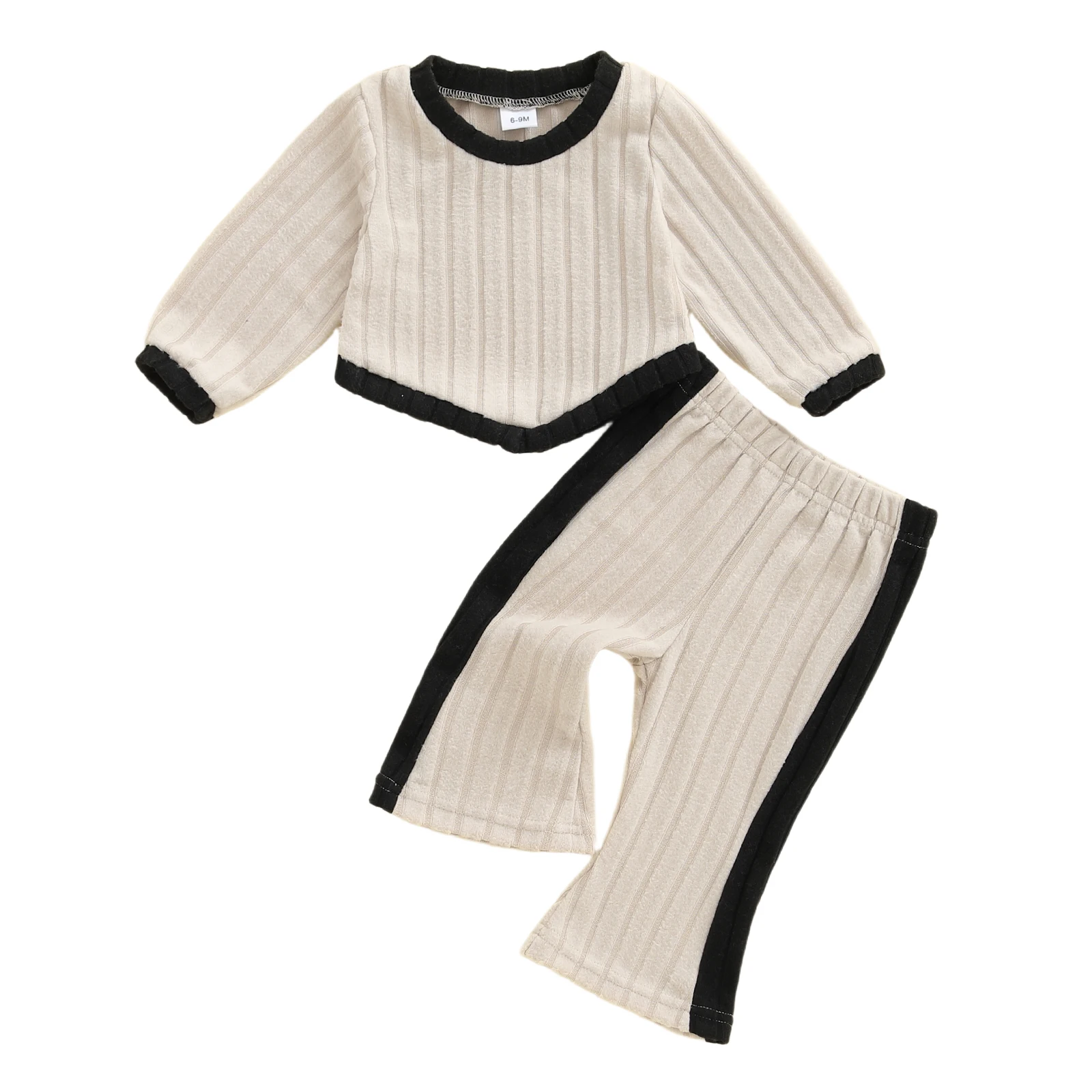 

Комплект из 2 предметов для девочек: топ с круглым вырезом и длинными рукавами и расклешенные брюки контрастных цветов для стильного образа