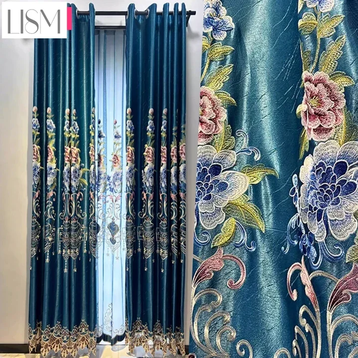 

2024 New Luxury Embroidered High-end Curtains for Bedroom Living Room Villa Window Custom Blackout Blue Fabric Decor Lace Tulle