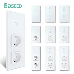 BSEED Touch Light Switches Normal Sockets Series USB C Phone Charge Dual Wall Switches White Glass Vertically EU Standard