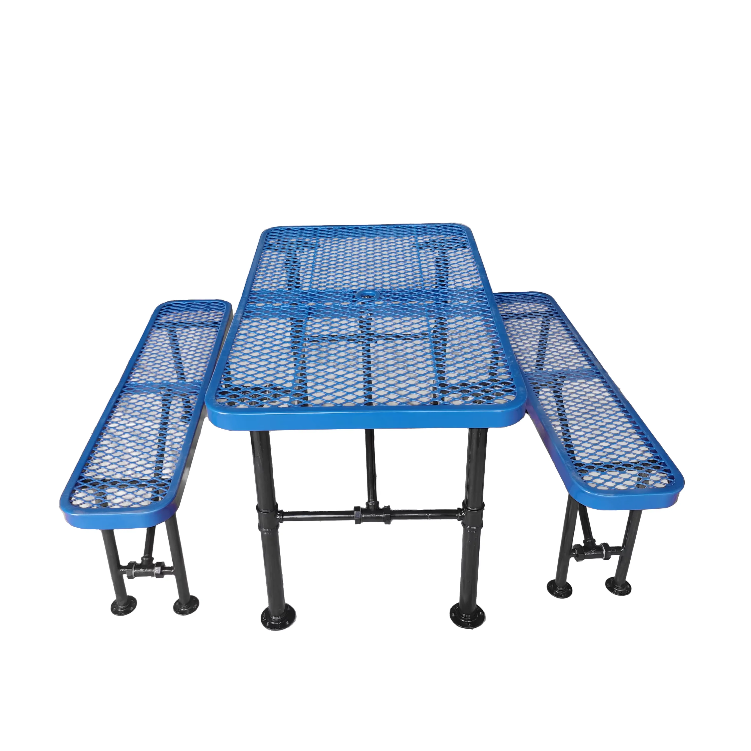 OEM 48" Modern Outdoor Rectangular Folding Table Chair Set Umbrella Hole Two Benches Metal Farmhouse/Courtyard/School/Hospital
