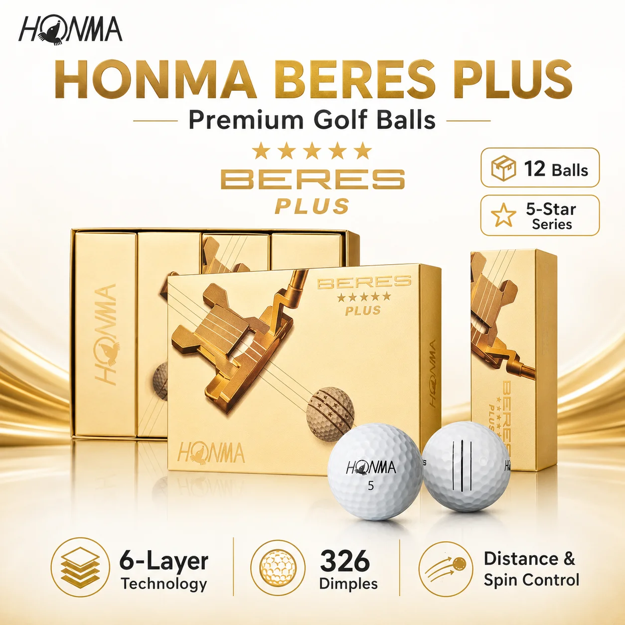 HONMA BERES 5-Star Plus Golf Balls 12PCS 6-Layer Soft Feel Distance Spin Control Premium Golf Ball Set
