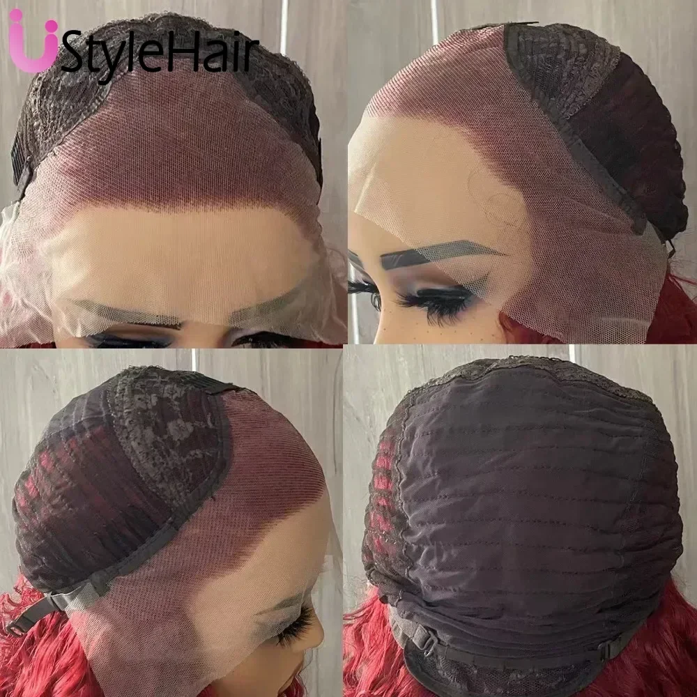 UStyleHair Brown Wig with Pink Highlights Synthetic Long Silky Straight Lace Front Wig Natural Hairline Daily Use Fashion Wigs