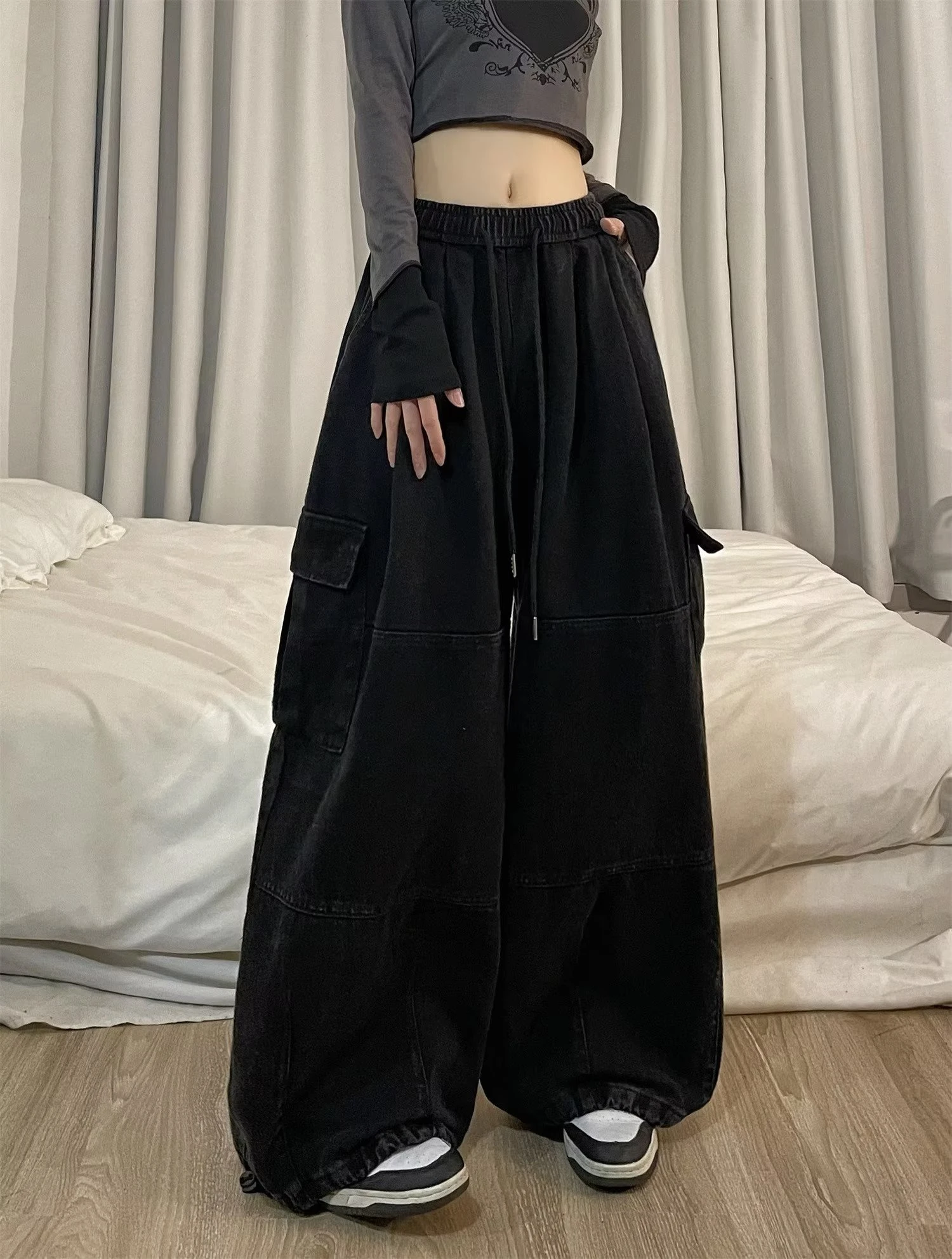 Cargo Pants Women Solid Color Japanese Loose Thin Straight Wide-leg High Waist Trousers High Street Basics Casual Pants Female