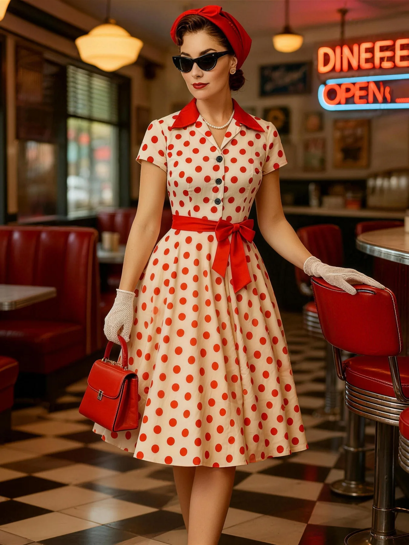 Tonval Contrast Notched Collar and Belt Polka Dot 50s Women Dresses Summer 2026 Buttons Front Elegant Vntage Party Dress