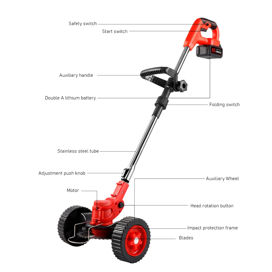 Foldable Electric Lawn Mower Li-ion Weeder Household with Wheels Multi-function Handheld Wireless Rechargeable Lawn Mower