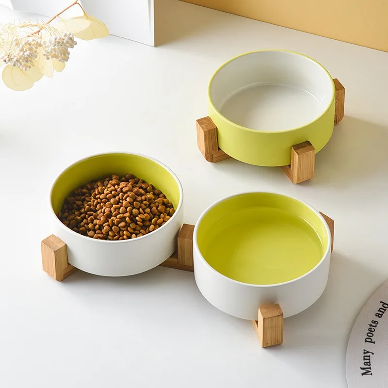 Cat and Dog Bowl Ceramic Frosted Two-Color Simple Dog Food Bowl Double Bowl with Wooden Rack Pet Puppy Supplies Accessories