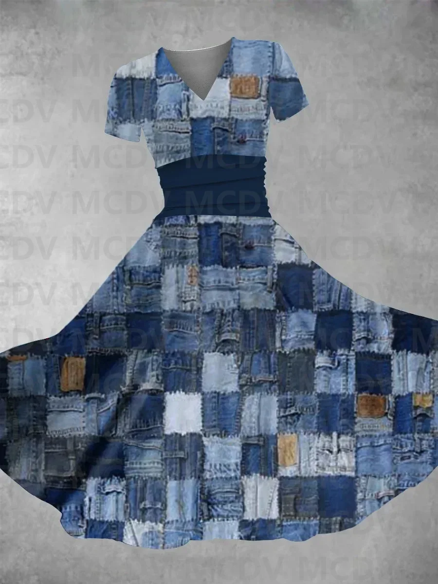 

Women's Vintage Denim Print Maxi Dress 3D Printed Sexy V-neck Dress Female Dresses