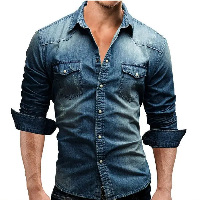 

New in Autumn​ Washed Denim Shirt,Pockets Shirts for Men, Long Sleeve Soft Cotton Man Clothing