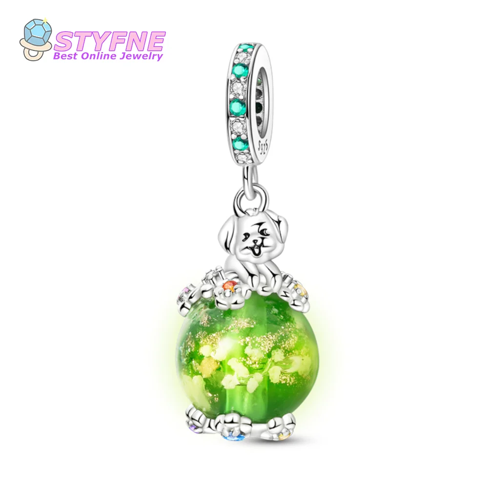 925 Sterling Silver Glow-in-the-Dark Happy Puppy Charm Beads Charms fit DIY Bracelets and Necklaces Dangle Pendants Fine Jewelry