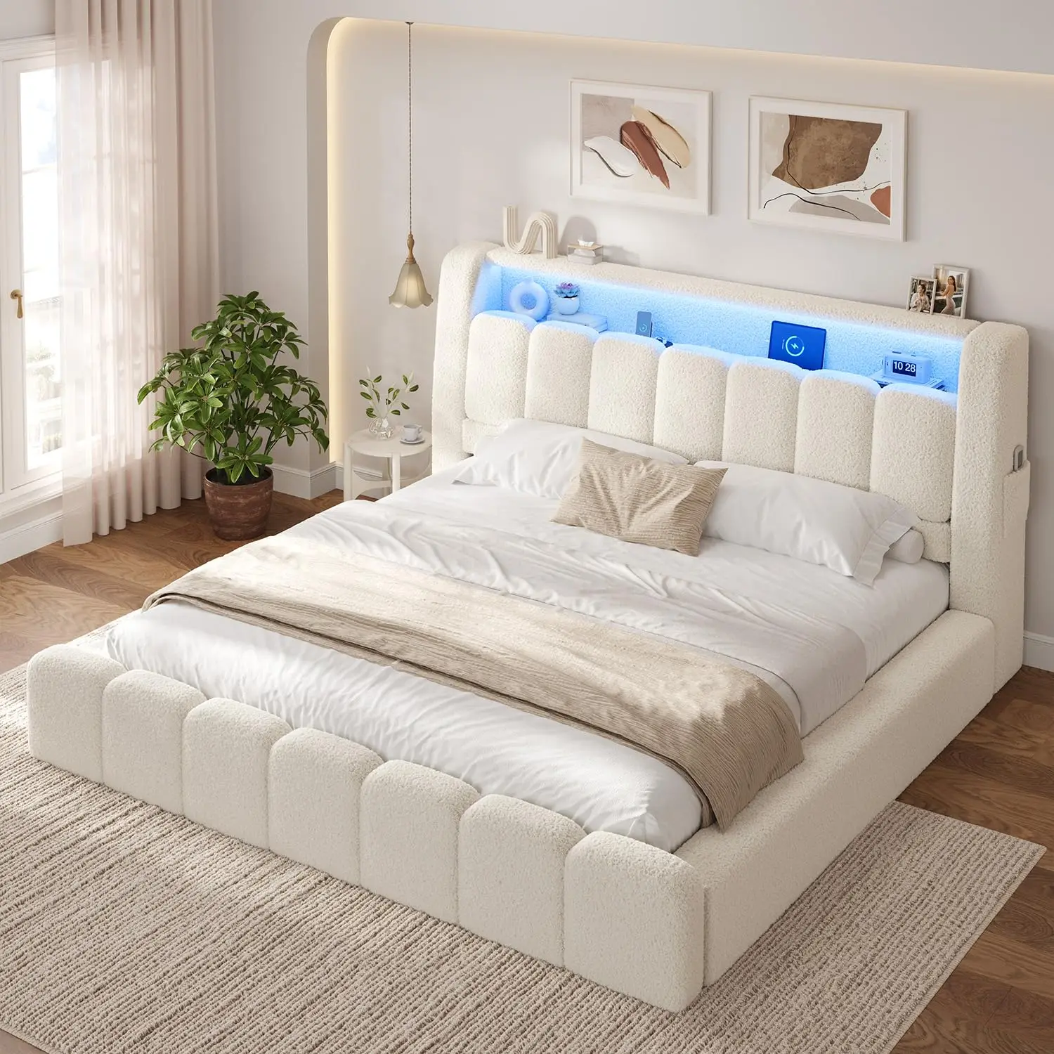 King Size Cloud Bed Frame Thickened Foam Cushioned Cream White, Customized