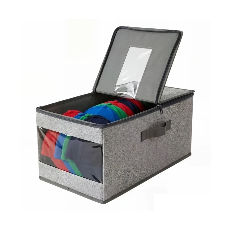 Hat Storage Box with Side Handle and Clear Lid for Closet Shelves