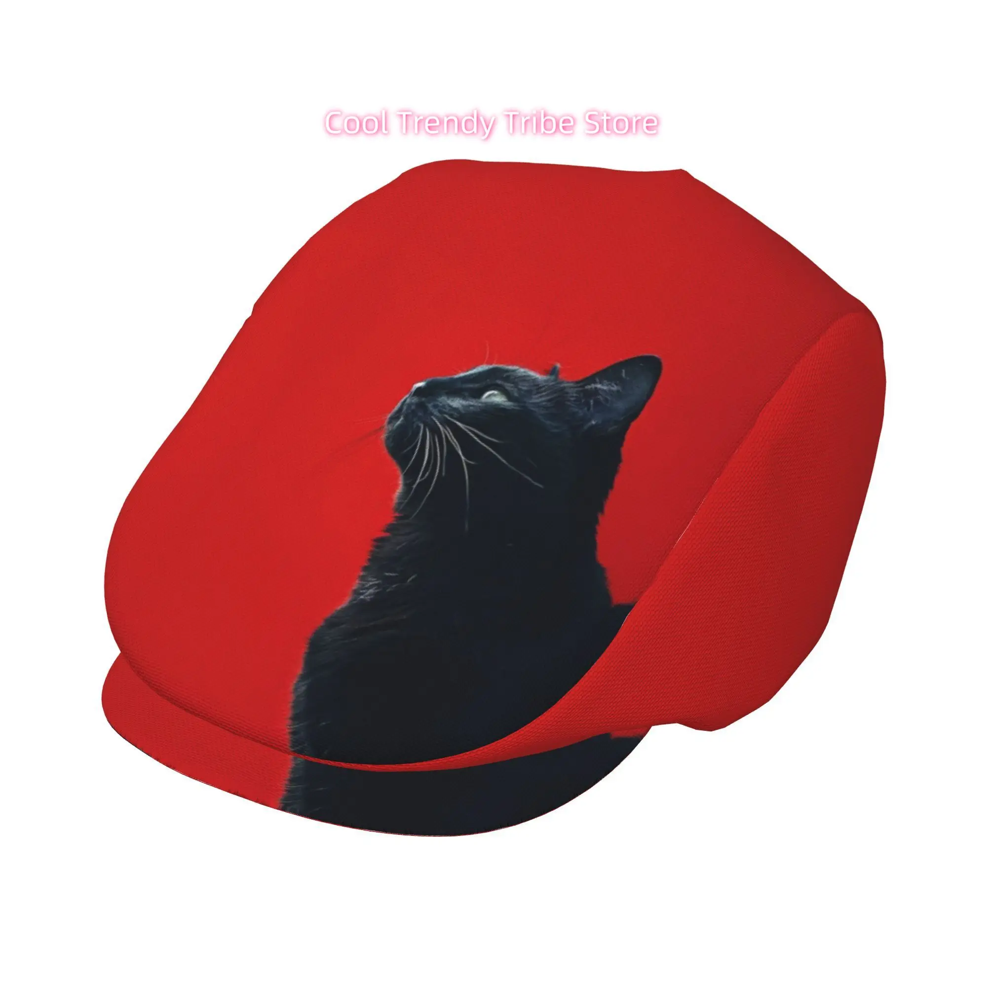 Black Cat Profile on Red All-over Print Flat-top Hats for Men and Women, Newsboy Caps, Berets, Irish Hats, Driver Caps, Retro Ha