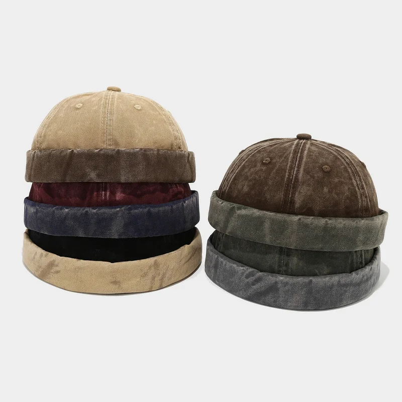 American Retro Patchwork Washed Distressed Landlord Hat Men Trendy Hip Hop Brimless Beanie Women Outdoor Sports Skull Cap
