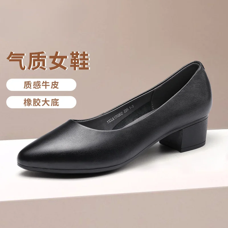 

Women's Shoes Shallow Mouth Single Work Shoes Pointed Thick Heel Commuter Tooling Small Leather Labor Insurance Shoes