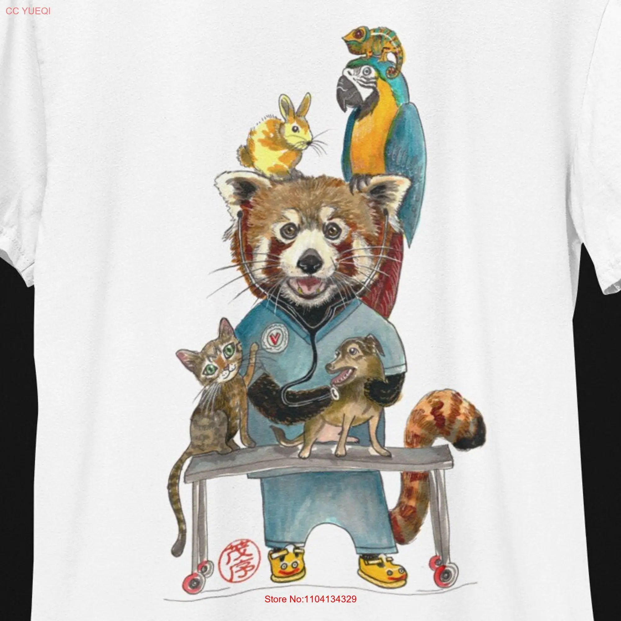 Red Panda T Shirt soft cotton Vet animal doctor stethoscope scrubs whimsical apparel original art graphic design fun