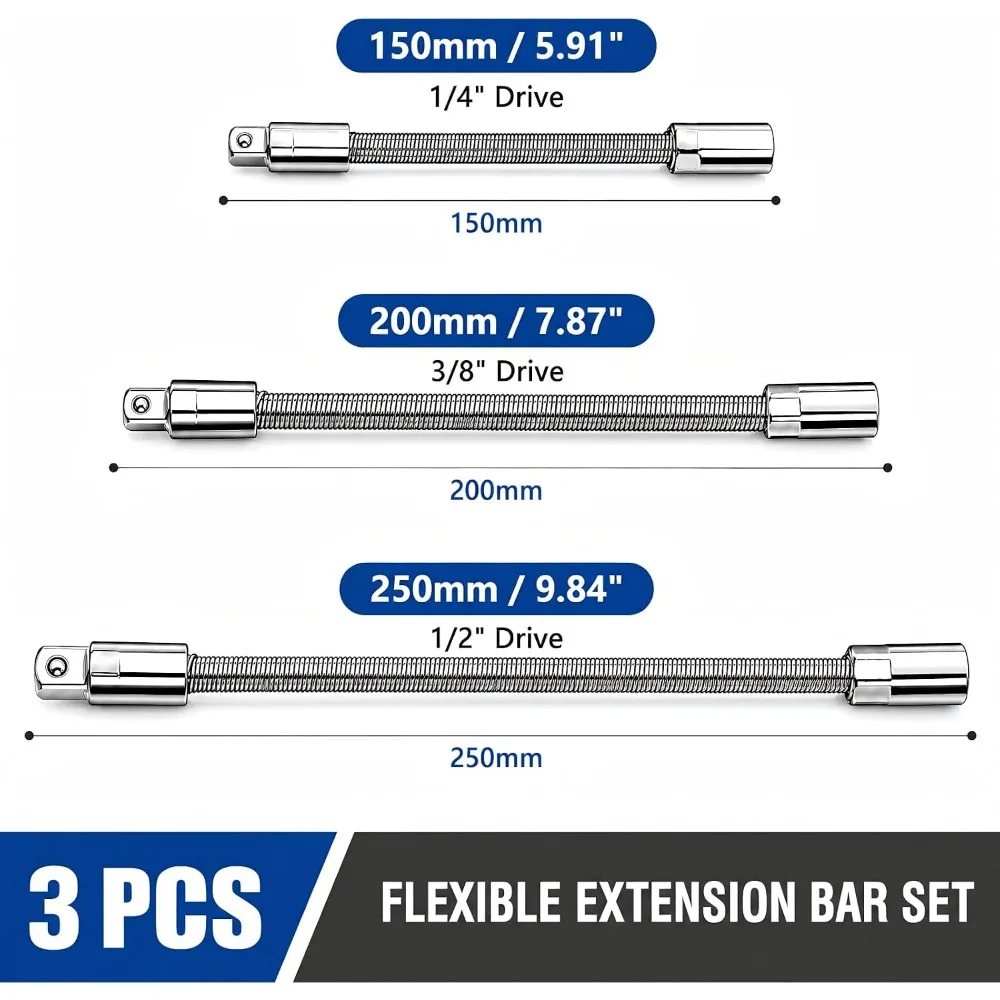 Flexible Socket Extension Set 1/4 3/8 1/2 Drive Bendable Socket Rod High Torque Spring Steel Universal Extension Rod