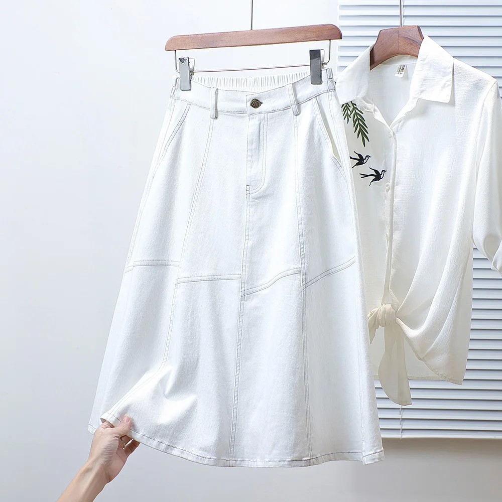 Retro Artistic Style Decorative Stitching Denim  Skirt Women's Summer High Waist A-Line Midi Skirt Breathable Cotton Blend