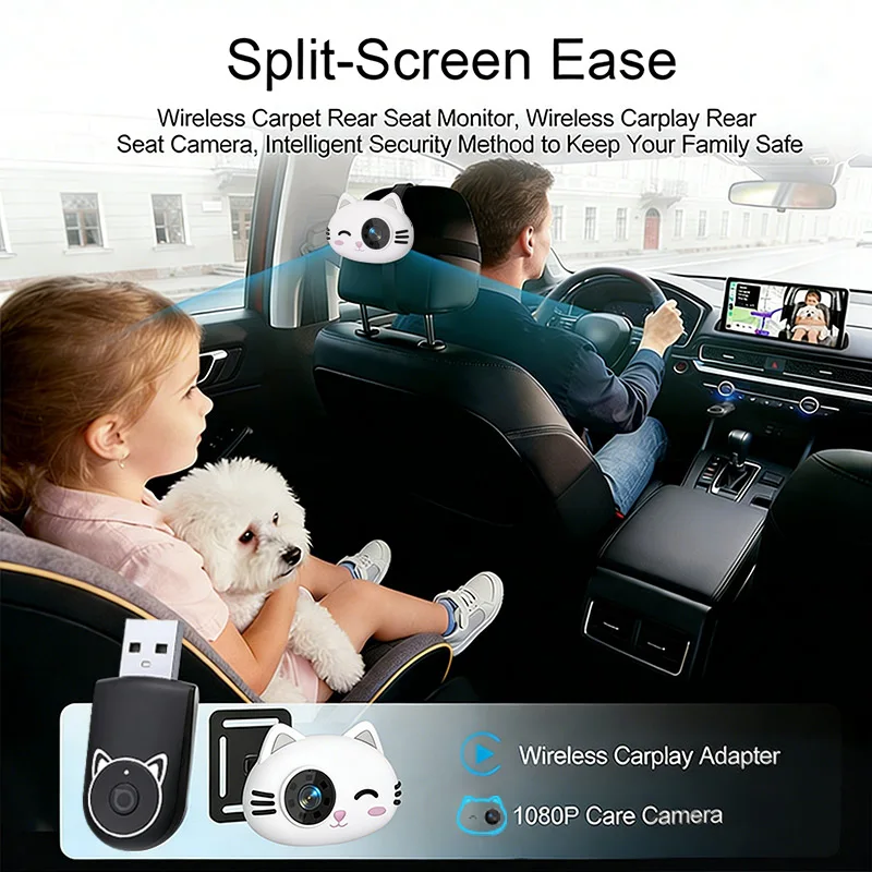 Cabin Care Adapter Wireless CarPlay with HD Camera for Baby Kids Car Accessories Compatible with Hyundai Benz Audi Chevrolet Kia