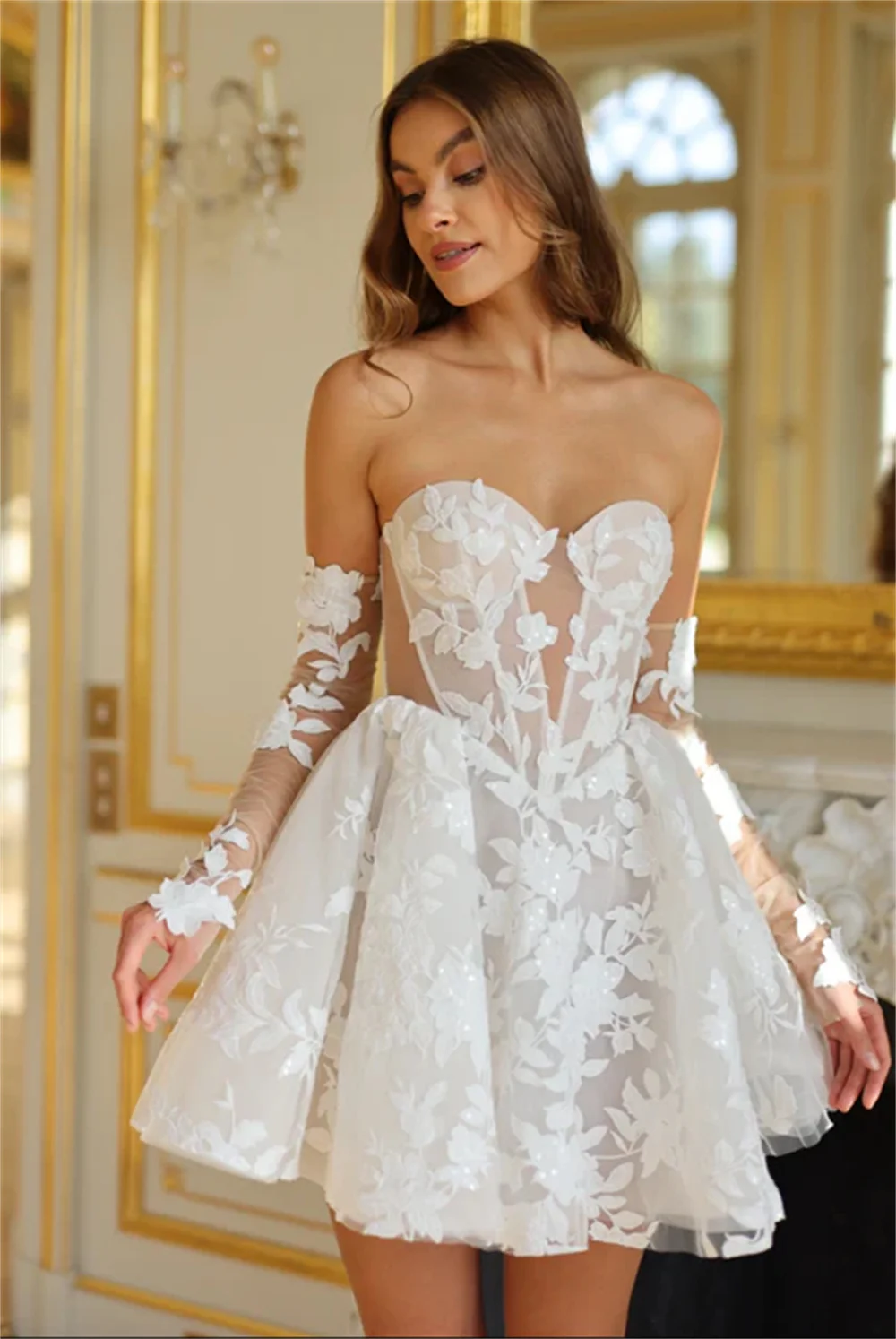 Cathy White Lace Appliques Mini Corset Wedding Dress Cut-out Detachable Sleeves vestidos de noiva Customized After Party Dresses image 3