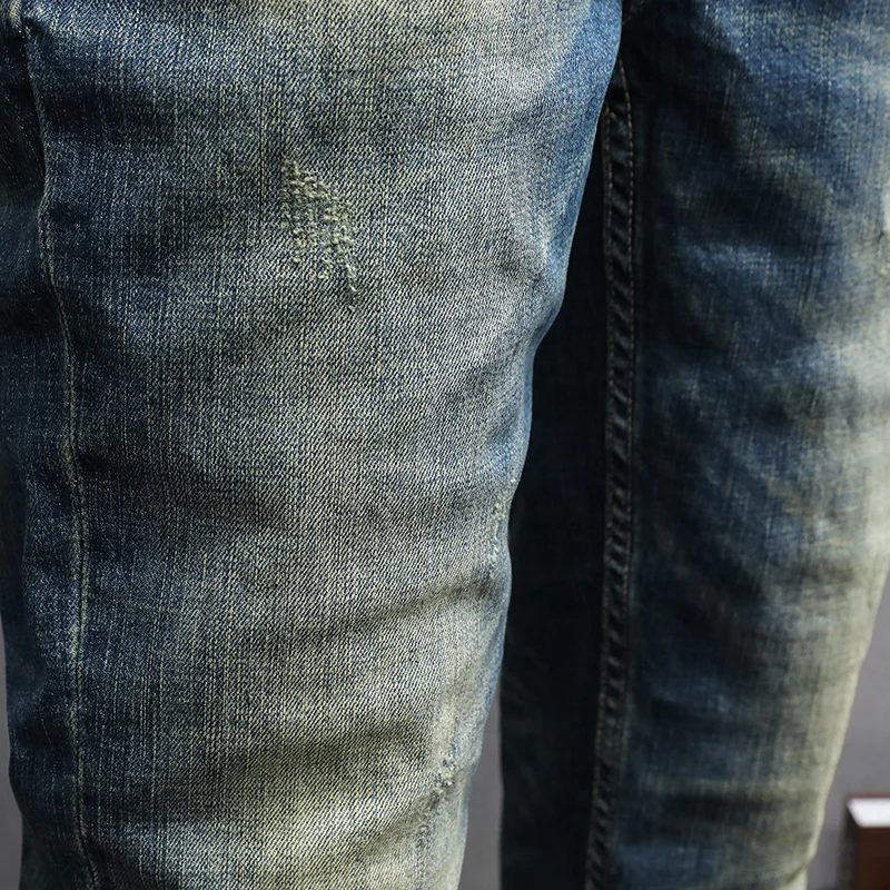 European Vintage Fashion Men Jeans High Quality Retro Blue Slim Fit Ripped Jeans Men Elastic Casual Designer Denim Pants Hombre