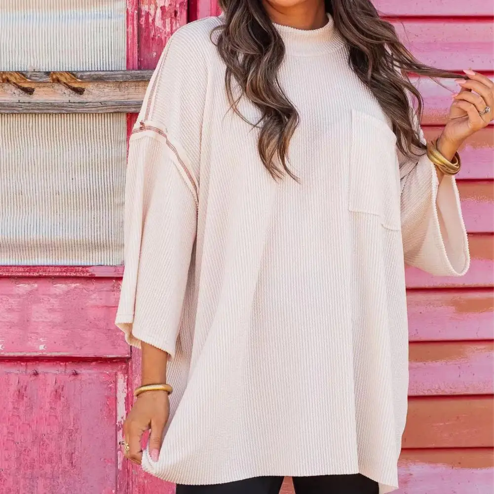 

Женские повседневные Мягкие топы с круглым вырезом, футболка с длинным рукавом и карманом, модный однотонный свободный эластичный пуловер с круглым вырезом, топы