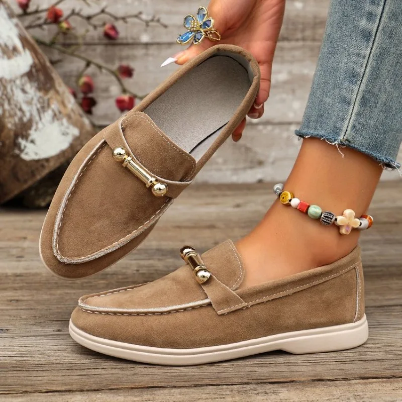 Women's Vintage British Style Flat Shoes 2026 New Solid Color Single Shoe Lazy Person Metal Buckle Loafers Summer Rubber Shoes