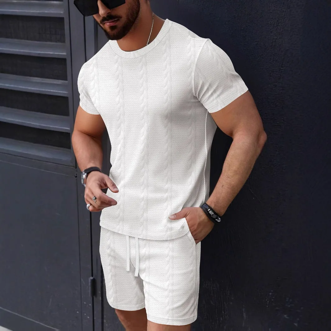 Summer Men's New Jacquard Solid-Color Simple and Fashionable Comfortable Round-Neck Short-Sleeved Short Pants Set