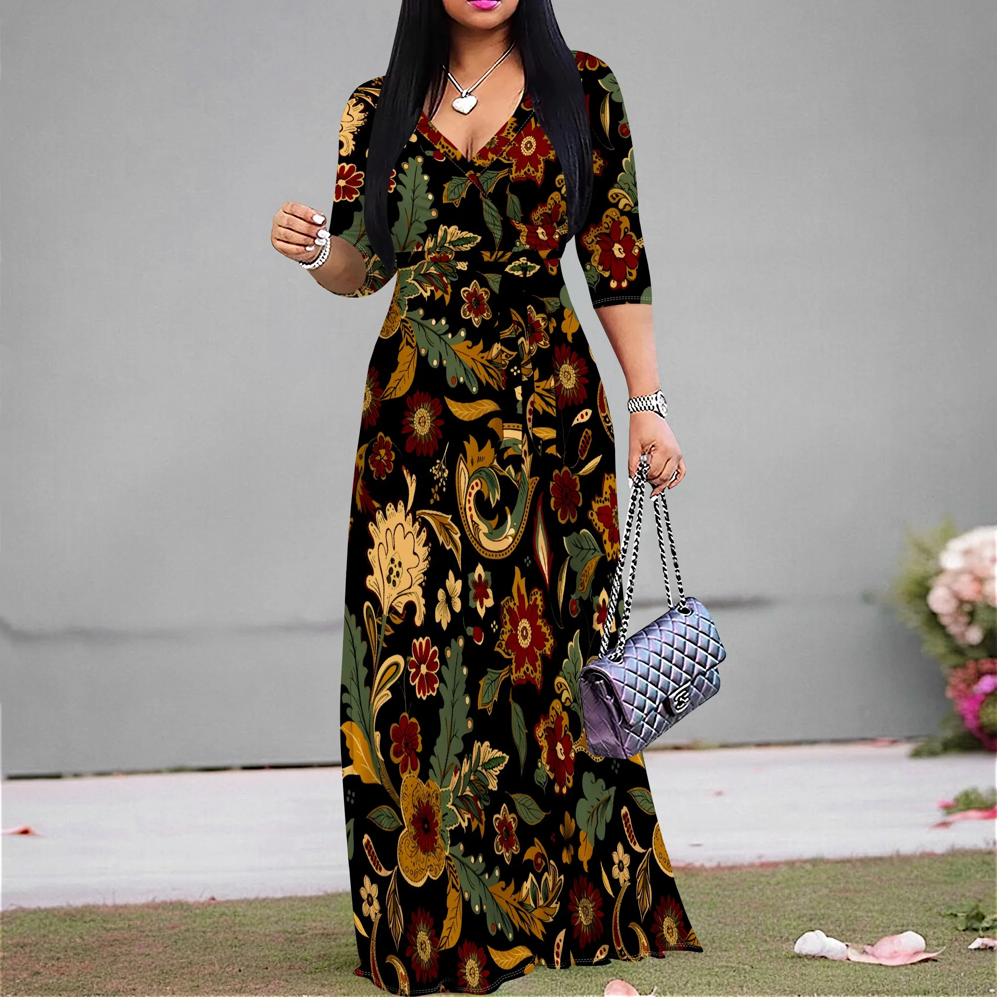 

Women's Vintage Floral Maxi Dress Wrap V Neck Long Sleeve African Boho Style Fall Church Party Dress S-3XL Elegant Look
