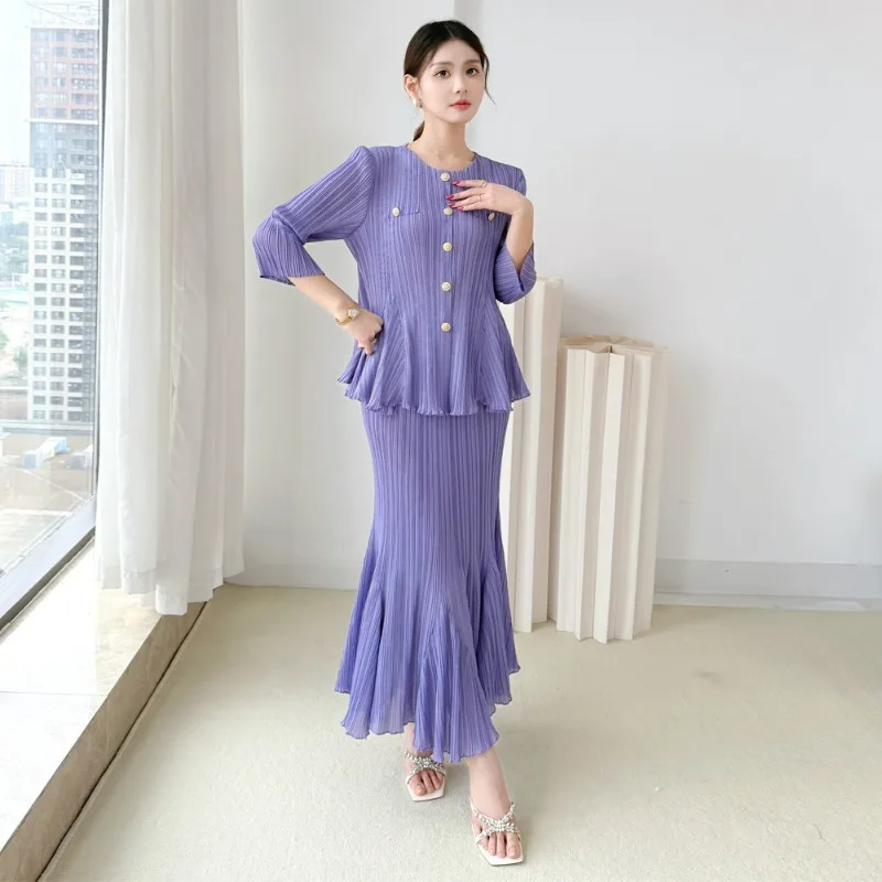 

Комплект из плиссированного топа и юбки Miyake Fashion 2026: Новый кардиган, футболка, минималистичная свободная юбка-рыбка, комплект из 2 предметов для повседневной носки, женская одежда