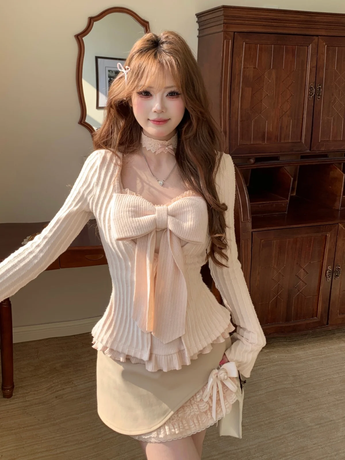 

Musefi Korean Sle High Waist f Skirt Set for Girls Pure Desire Teenage Top Bot Combo Daily Wear Polyester Cotton S...