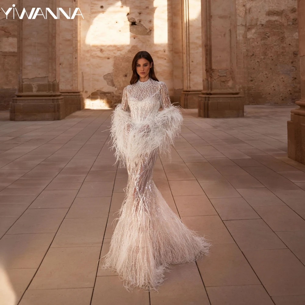 Dazzling Sequined Pearls Mermaid Wedding Dress With Feathhers Sexy Illusion Bridal Gown Customized High Collar Dresses For Bride
