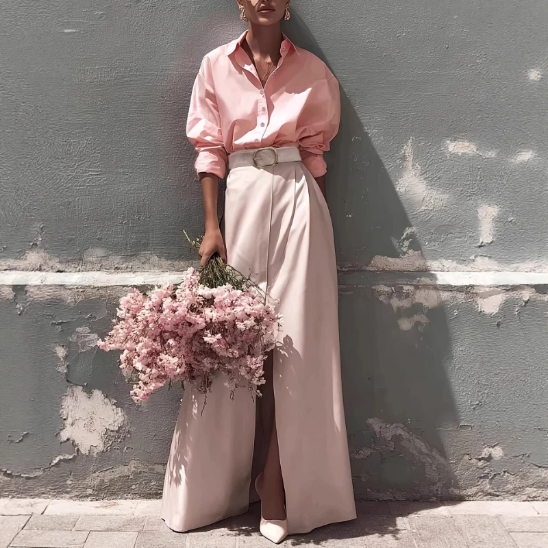 

Fashion Women's Pink Two Piece Loose Long Sleeve Shirt and High slit Half length Long Dress Romantic Style Commuter Skirt Set