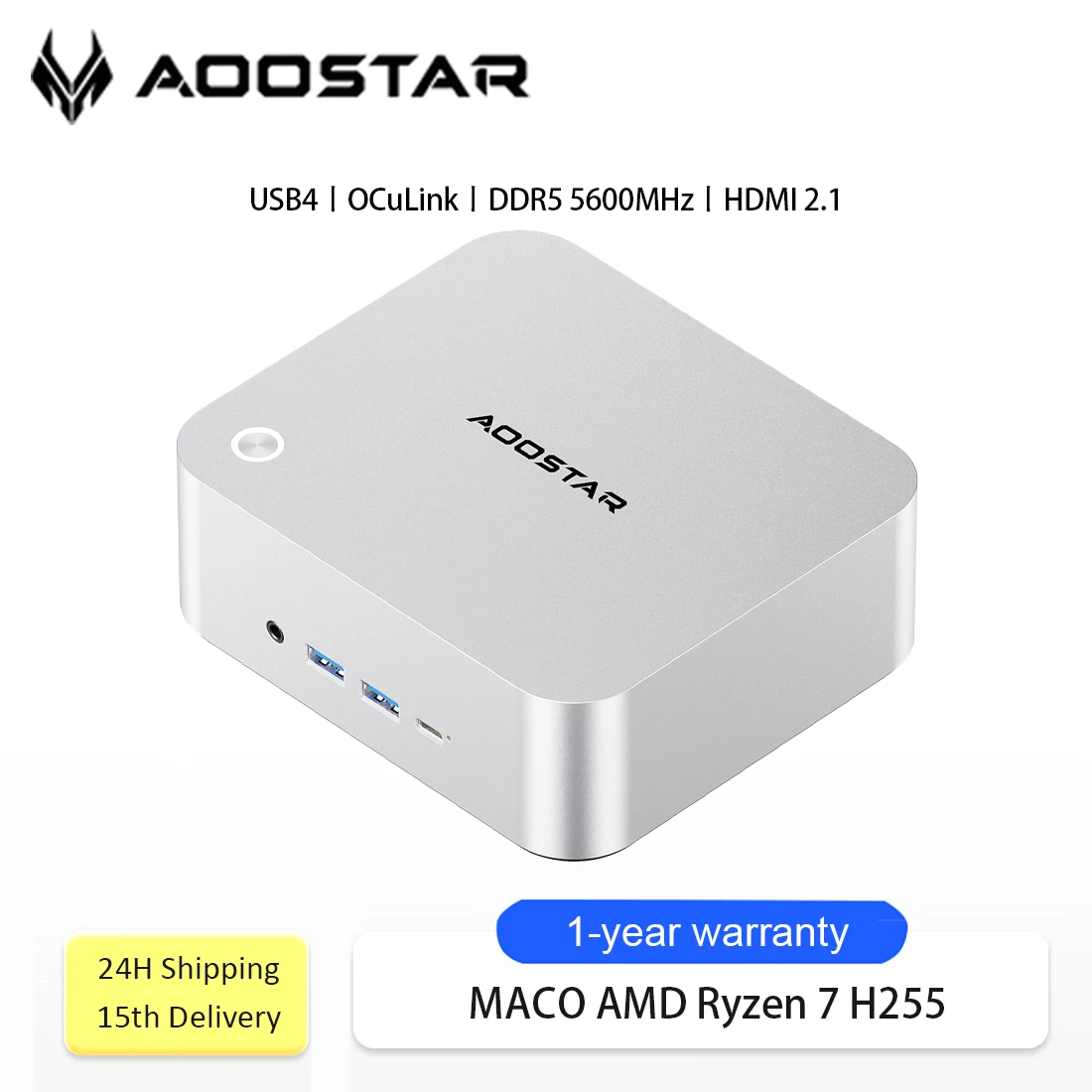 AOOSTAR MACO Mini PC AMD Ryzen 7 H255 Mini PC Windows 11 WiFi 6 USB4 PC da gioco DDR5 5600 MHz Supporto 4 Display 4K/8K Computer