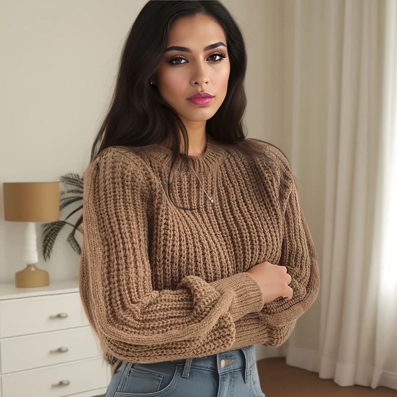 

New Women's Autumn and Winter Long Sleeve Sweater Fashion Short Knitwear Crew Neck Lantern Sleeve Top