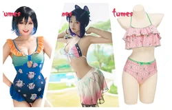 Big SALE Haikyuu Two Piece Halter Neck Bikini Swimsuit Cute Pink High Waist Swimwear Flounce Layered Bathing Suit