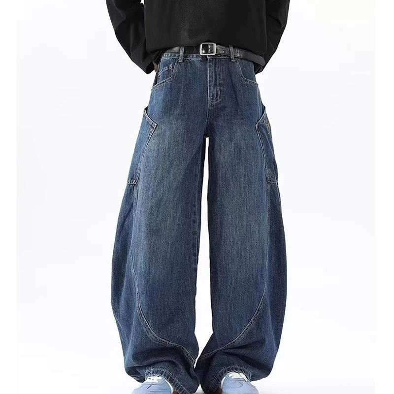 Korean Retro Men'S Jeans Fashion Large Pocket Design Curved Knife Jeans Straight Leg Pants Letter Embroidered Baggy Jeans Y2k