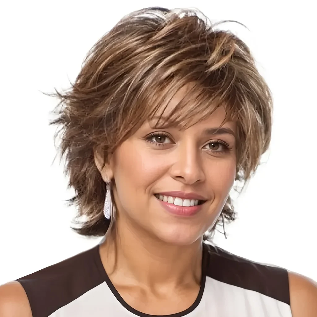 

Элегантный женский короткий кудрявый коричневый парик с челкой, изготовленный из синтетического волокна, термостойкий.