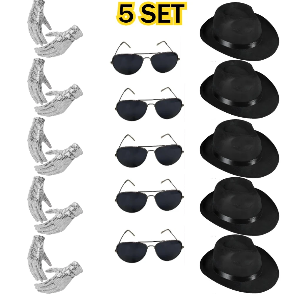 5 SET Funny Party stage performance Hats Classic Superstar Costume-Fedora Hat, Sequin Glove, and Sunglasses wholesale