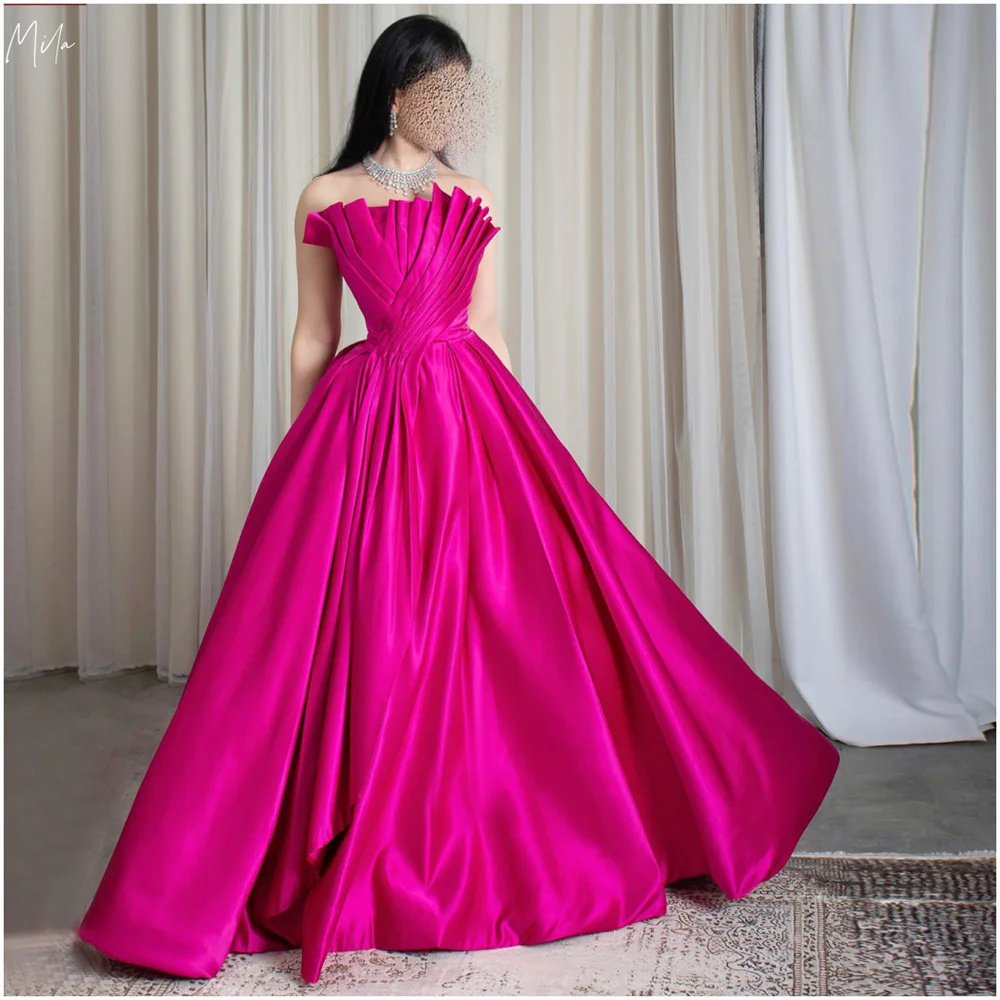 

Mila Pink Strapless Boll Gown Prom Dress Cascading Ruffle Customized Party Dress Taffeta Floor-Length Evening Dresses