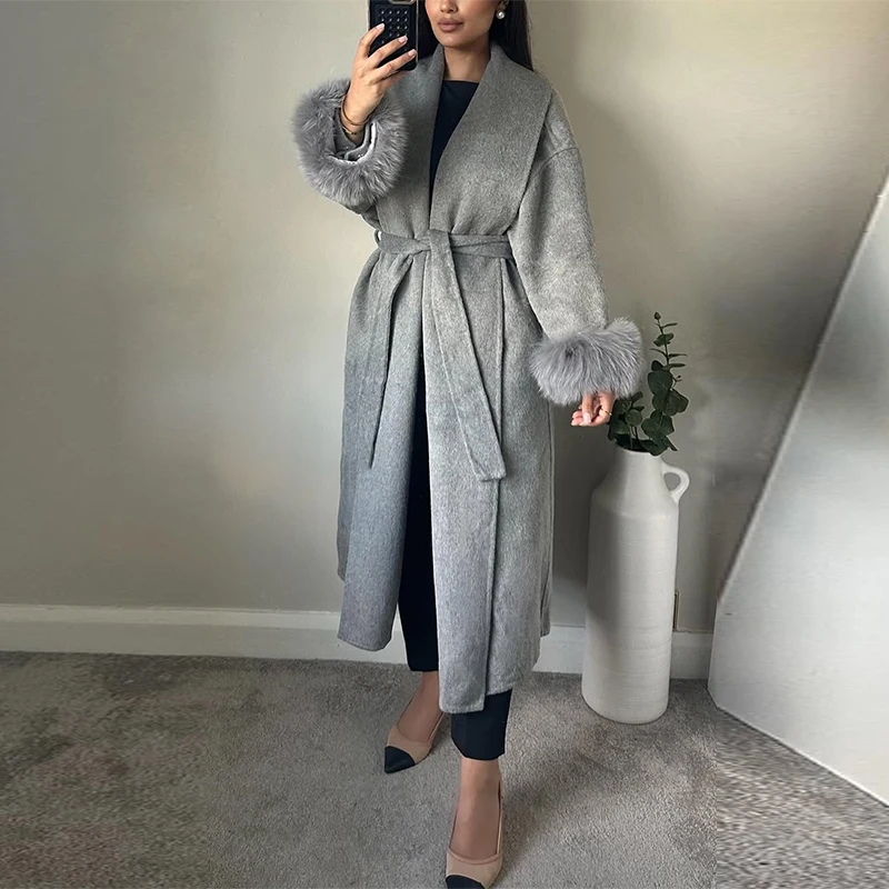 2025 frauen Winter Lange Spitze Up Mäntel Straße Büro Dame Chic Oberbekleidung Mode Patchwork Faux Pelz Hülse Woolen Jacke Mit Gürtel
