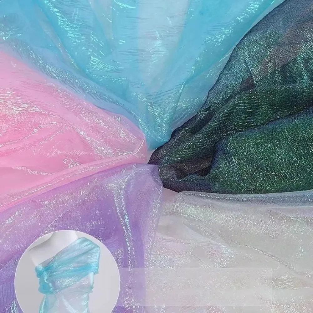 100x140cm Rainbow Laser Yarn Fabric Wrinkled Illusion Color Organza Fabric High-Density Texture Designer Iridescent Organza