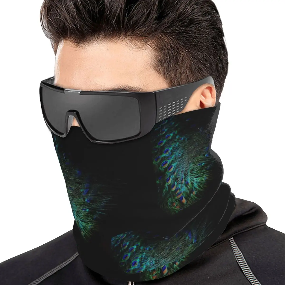 Peacock Feathers On A Black Background Multifunctional Elastic Neck Gaiter Dust Proof Face Cover Bandana Unisex for Hiking
