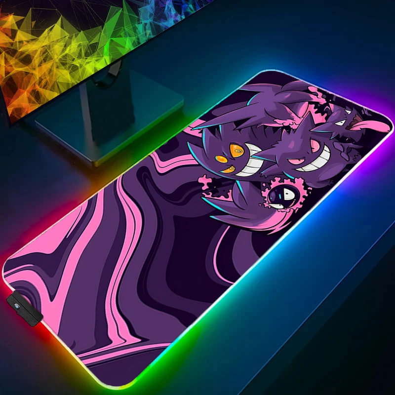 LED Mouse Pad P-Pokemons Gengar HD Print XXL Anime Gaming Accessories RGB Mousepad Gamer PC Computer Keyboard Desk Mat Backlight