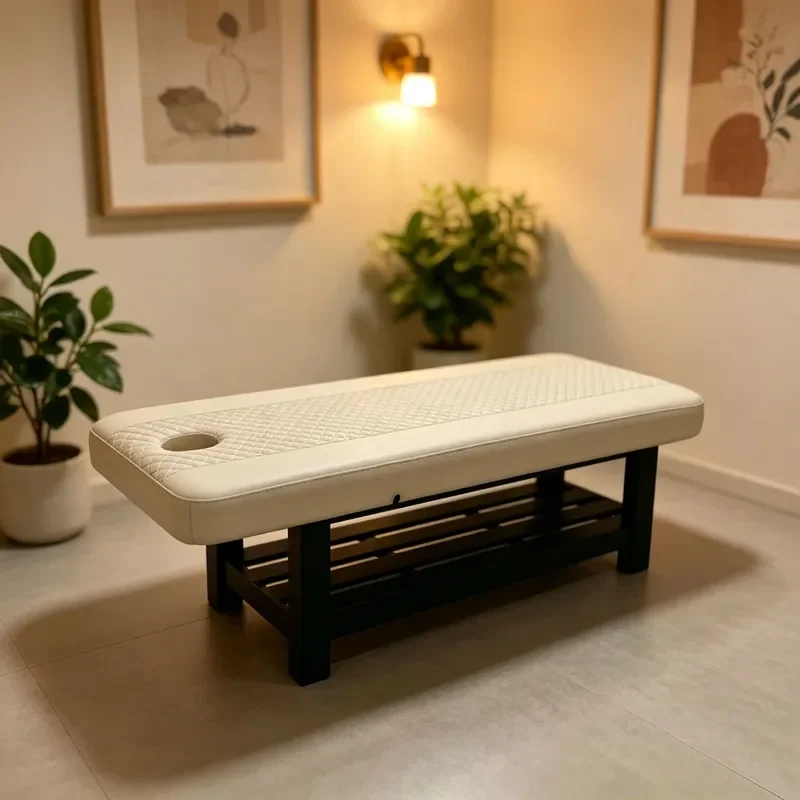 for Solid Wood Folding Beauty Bed Salon TCM Massage Physiotherapy Table with Face Hole Embroidery Ear Acupoint Design