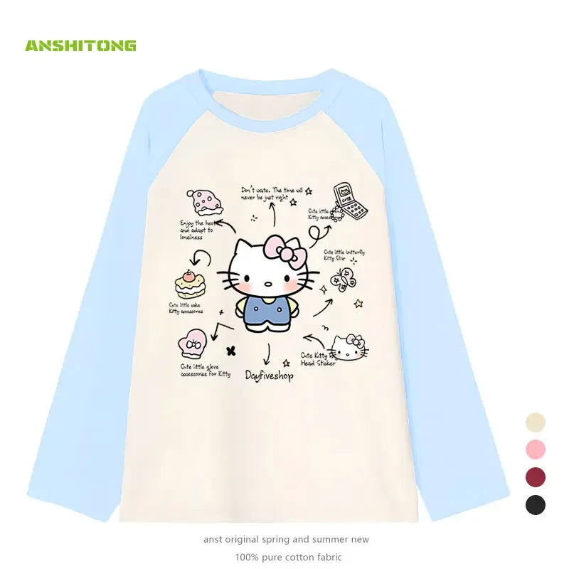 Sanrio HelloKitty Cotton Special Shirt Women's Long Sleeve Spring and Autumn Loose Casual Base Layer Cute Inner Layer Girl Top