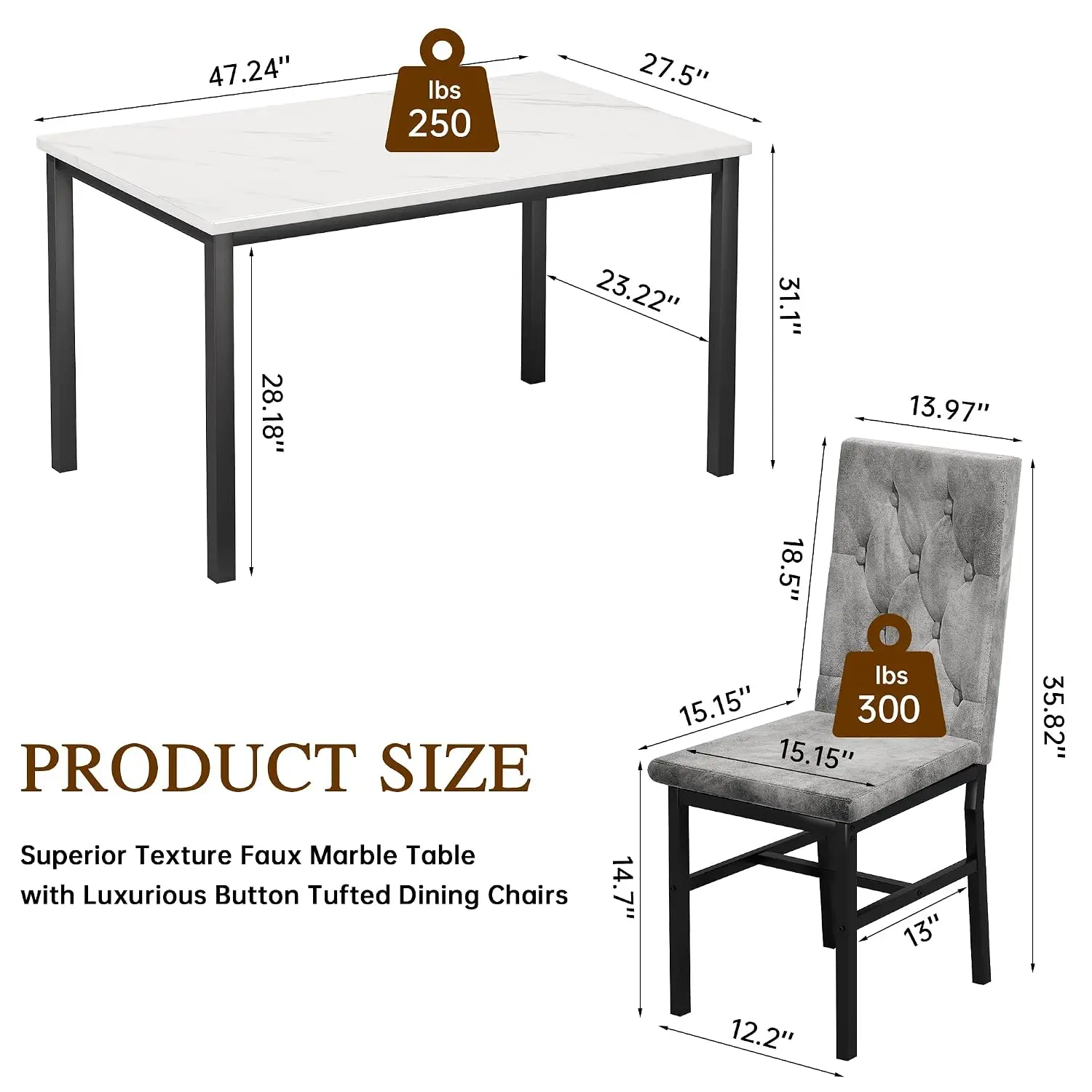 Dining Table Set for 4, Faux Marble Small Kitchen Table Chairs Set of 4 with Luxurious Button Tufted Dinner Chairs for, Custom image 3