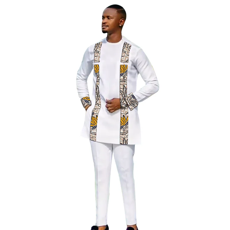 African Print Men\'s Long Shirts+Trousers Designer Customize Pant Sets Nigeria Fashion Male White Suits Plus Size Party Clothes