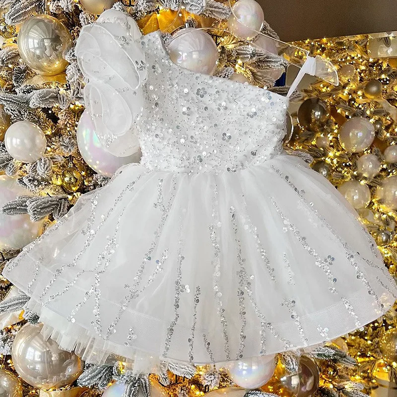 2025 White One-Shoulder Princess Dress for Girls Sparkling Sequin Tutu with Elegant Tulle Skirt for Toddler Kids Girls Dresses